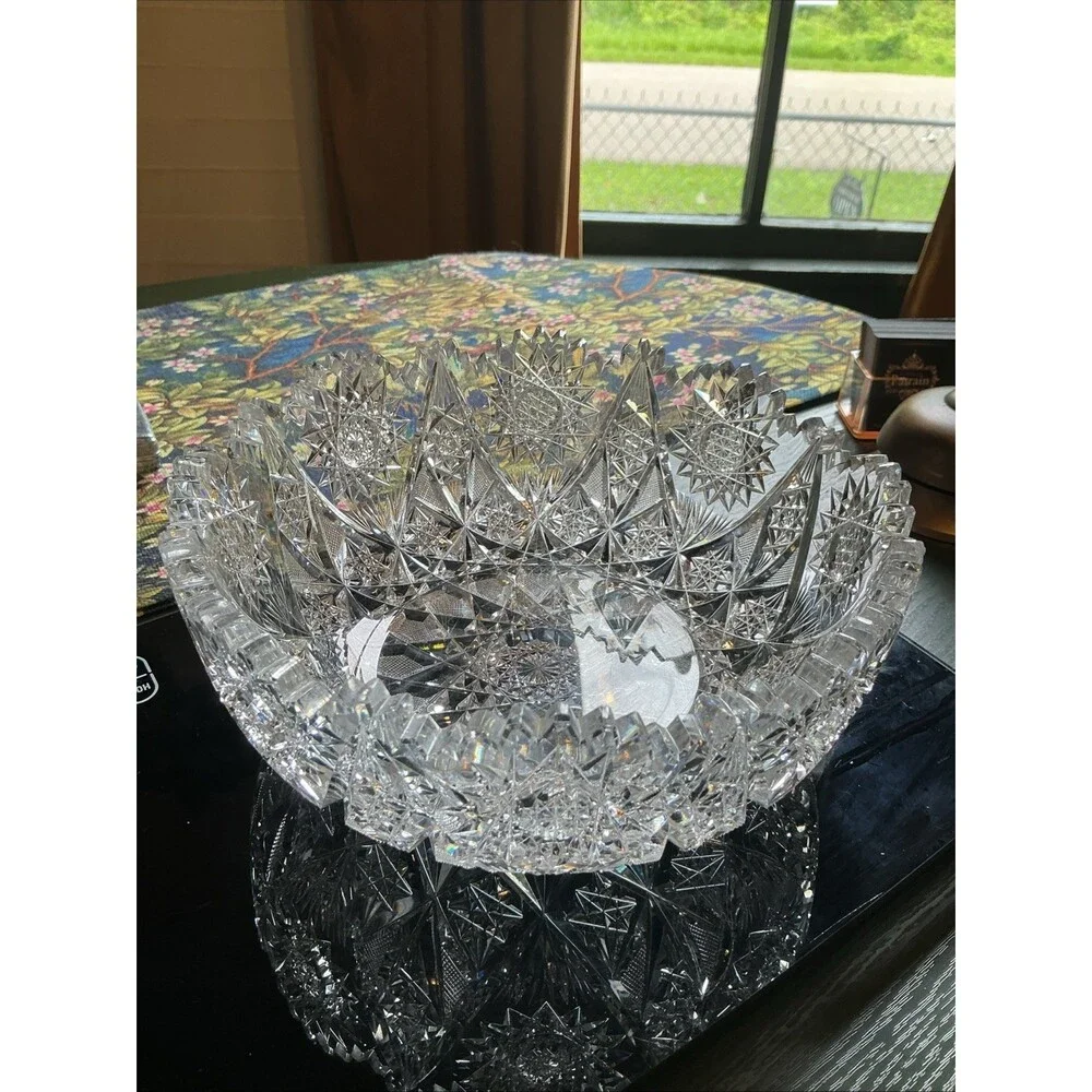 American Brilliant Lead Cut Glass Bowl 8.25 Inch Clear Antique Sawtooth Edge